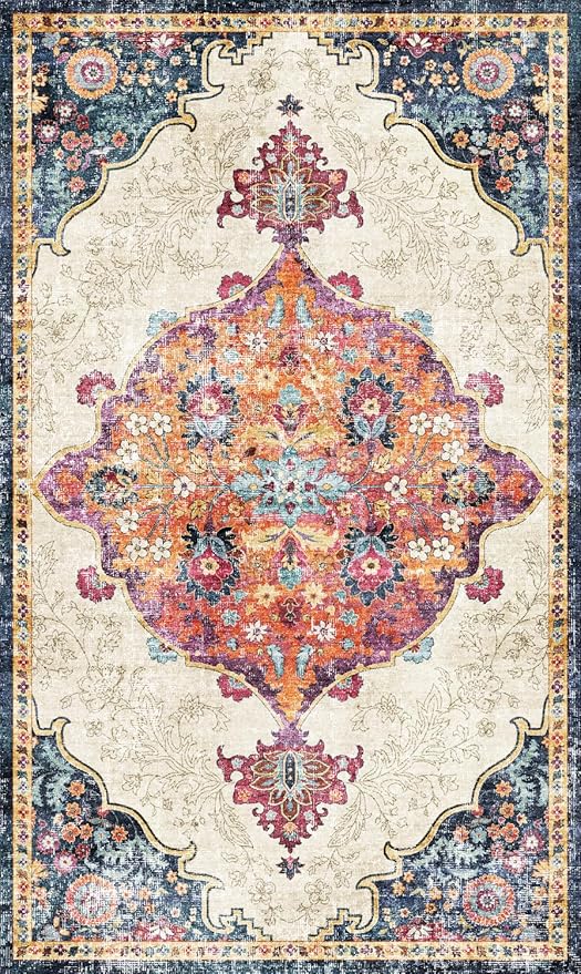 Dripex 3x5 Area Rugs, Machine Washable Non Slip Boho Rugs,Distressed Entryway Rug Doormat,No Pile Lightweight Vintage Rug, Smal Carpet Rug for Front Entrance,Office Bedroom,Multi