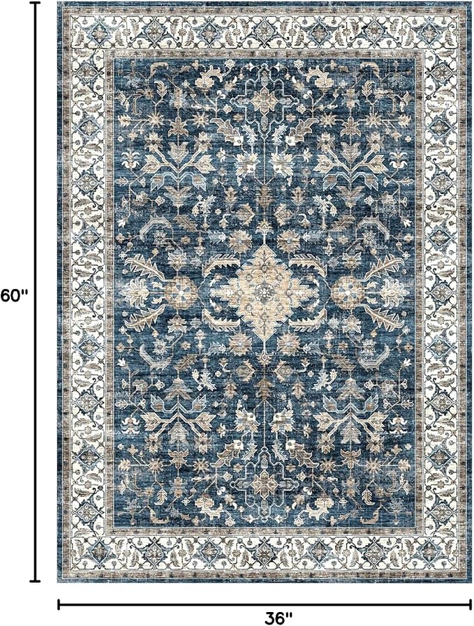 Vintage Non-Slip Rug, 3x5 Washable Rugs for Bedroom, Distressed Rug for Kitchen Entryway Bathroom Living Room Office