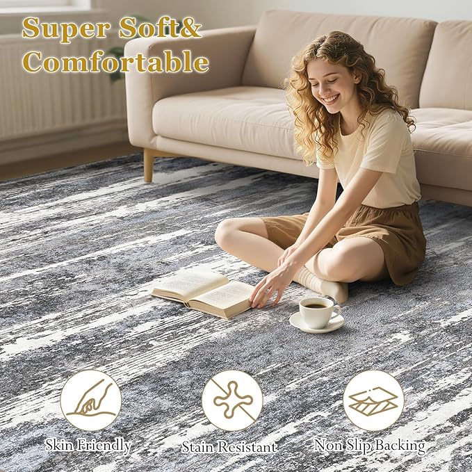 Area Rugs for Living Room: 6x9 Abstract Washable Rug Modern Neutral Large Soft Stain Resistant Non-Slip Backing Machine Table for Bedroom Dining Room Indoor Home Office Carpet - Navy/Grey