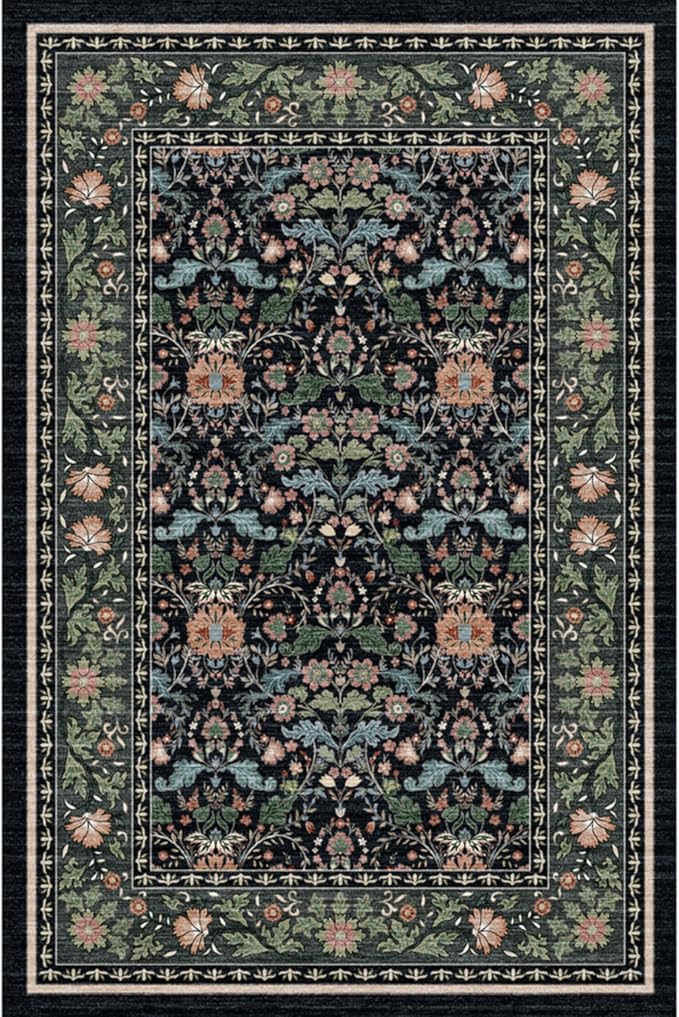 2x3 Floral Area Rug - Soft Oriental Vintage Farmhouse Style for Bathroom Entryway Kitchen - Non-Slip Backing Low Pile Stain Resistant Indoor Mat (2x3 Black/Green/Multi)