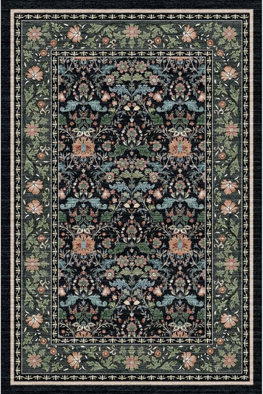 2x3 Floral Area Rug - Soft Oriental Vintage Farmhouse Style for Bathroom Entryway Kitchen - Non-Slip Backing Low Pile Stain Resistant Indoor Mat (2x3 Black/Green/Multi)