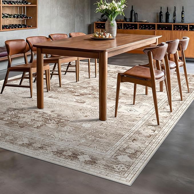 Washable Farmhouse Living Room Rug, 8x10 Area Rugs for Bedroom, Dining Room Under Table Carpet, Kids Room, Large Boho Vintage Non-Slip Floral Rugs Low Pile Stain Resistant (8x10 Beige/Latte)