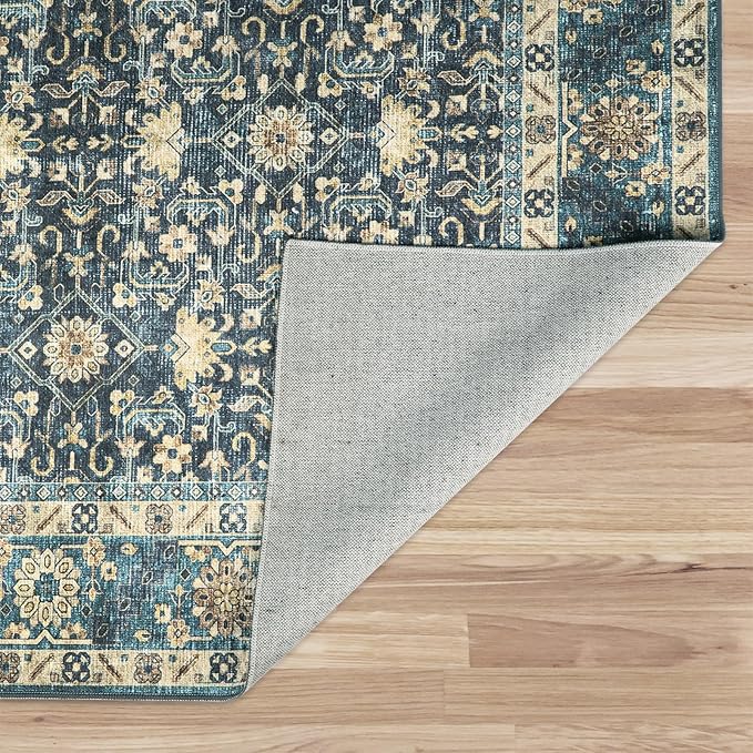 Dripex 6x9 Area Rugs, Machine Washable Non Slip Distressed Boho Rugs, Area Rug for Living Room, No Pile Lightweight Vintage Rug, Soft Accent Carpet for Dining Room,Bedroom,Navy Blue