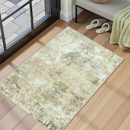 2x3 Entryway Rug Beige Grey Non Slip Washable Doormat Neutral Modern Abstract Indoor Rug Thin Soft Throw Low Pile Kitchen Carpet for Laundry Room, Kitchen, Bedroom, Bathroom