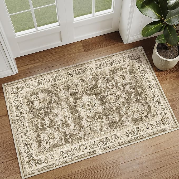 2x3 Washable Area Rug Brown Neutral Carpet for Entryway Floral Distressed Non-Slip Low Pile Soft Lightweight Vacuumable Throw Rug Small Door Mat for Kitchen Entrance Bathroom