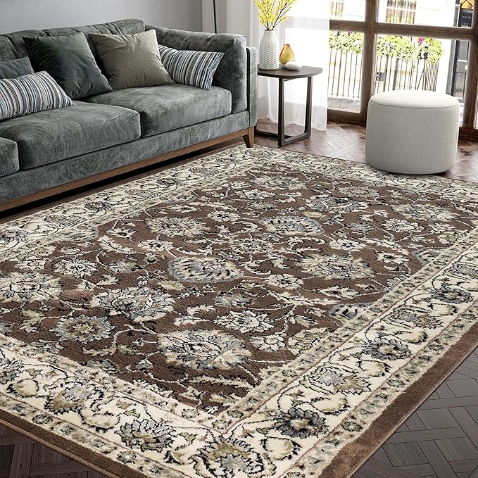 Superior Indoor Area Rug, with Jute Backing, Chic Bordered Floor Decor for Living Room, Bedroom, Office, Entryway, Kitchen, Dining, Floral Design, Lille Collection, 6' x 9', Brown