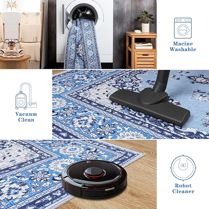 Tepook 2x6 Vintage Runner Rug - Low Pile Washable Non-Slip Carpet for Hallway, Kitchen, Bedroom, Entryway, Laundry Room, Bathroom - Indoor Throw Rug in Blue
