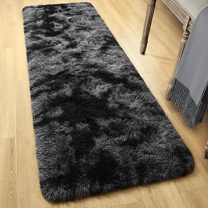 Tepook Fluffy Runner Rugs for Bedroom Aesthetic 2x6 Feet, Shag Soft Bedside Rug with Non-Slip Bottom, Fuzzy Plush Carpet for Room, Hallway Rug for Nursery Dorm Indoor Home Decor, Tie-dye Dark Grey