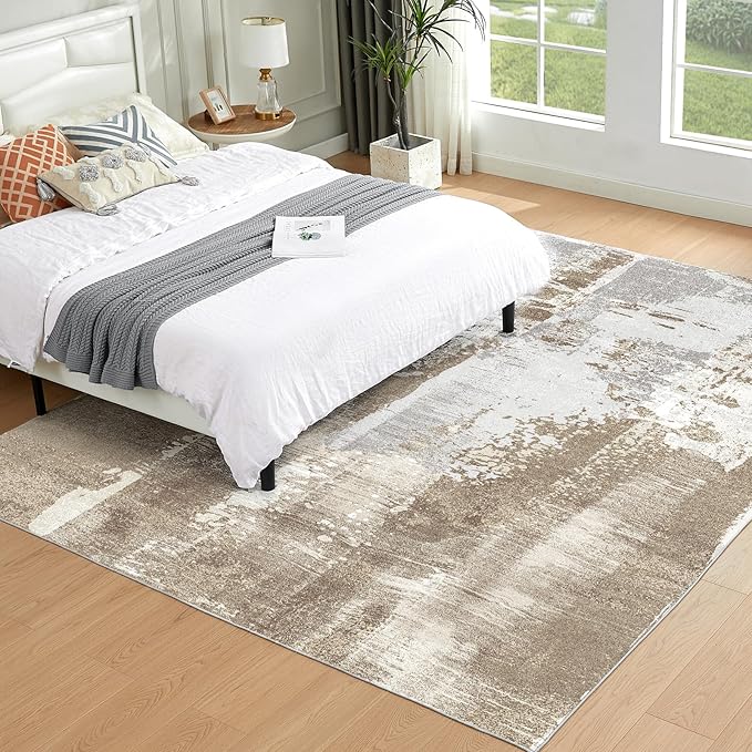Washable Rug Low Pile Modern Bedroom Area Rug 8x10 Non-Slip Backing Home Decor No Shedding Lightweight Abstract Large Carpet for Dining Room Living Room Office, Brown