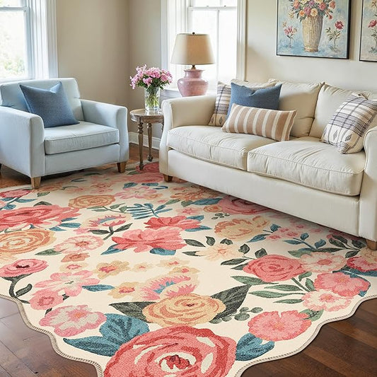 Washable Floral Area Rug 5x7 Beige Living Room Carpet Scalloped Flower Non Slip Soft Bedroom Rug Farmhouse Low Pile Thin Indoor Floor Cover for Office Dining Room Kitchen Bathroom