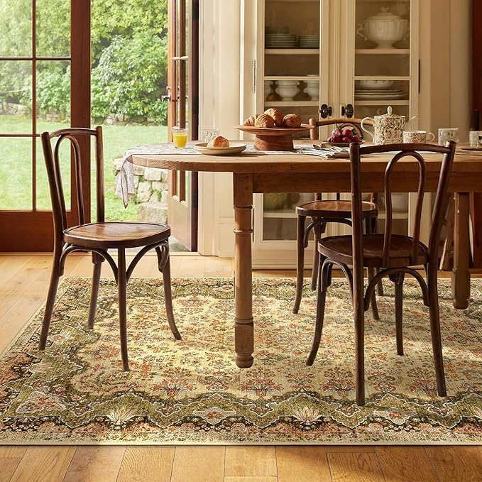 Green Rug 3x5 Area Rugs, Boho Washable Rug for Bedroom Living Room Kitchen Office Laundry Room, Non Slip Vintage Small Soft Rugs Retro Distressed Floor Carpet