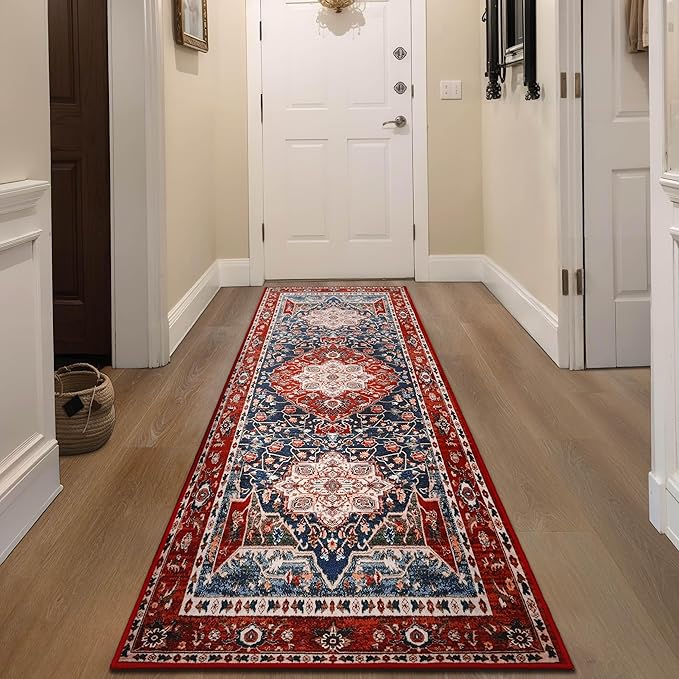 YJ.GWL Area Rug 2x7, Machine Washable Hallway Runner Rug, Boho Floral Vintage Distress Print Pattern Carpet, Low Pile Lightweight Thin Rugs for Entryway, Kitchen and Corridor, Red