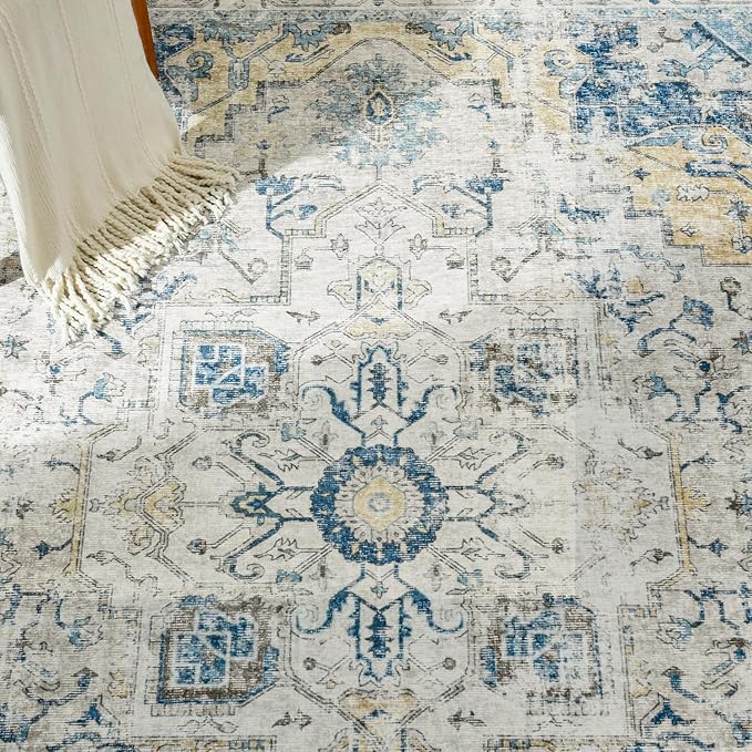 jinchan Runner Rug 2x7 Hallway Rug Kitchen Washable Runner Vintage Mat Retro Lightweight Non-Slip Floor Cover Distressed Thin Carpet for Entryway Bathroom Bedroom Laundry Room Stairway Light Blue