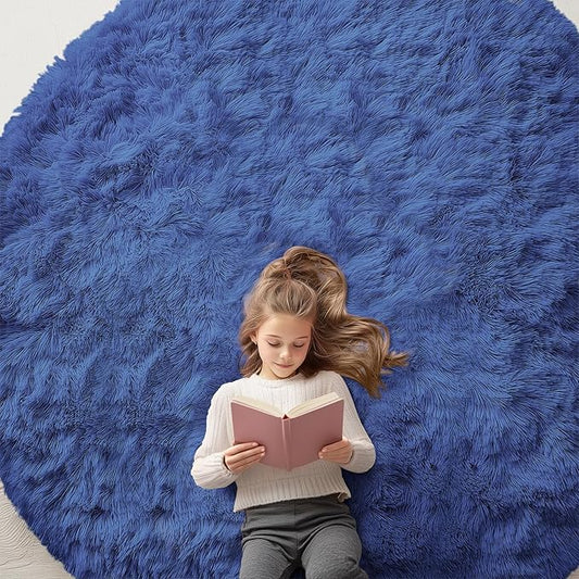 OLANLY Navy Blue Round Rugs for Bedroom - Machine Washable, 8x8 Feet Circle Area Rugs for Living Room, Soft and Fluffy Shaggy Carpet for Teen Girls and Boys, Dorms, Nursery Rooms, Home Decor Aesthetic