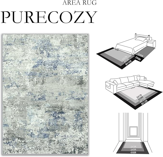 2x6 Runner Rug for Hallways Blue Grey Non Slip Washable Neutral Modern Abstract Indoor Rug Thin Soft Throw Low Pile Kitchen Carpet for Bedside, Bedroom, Bathroom, Entryway