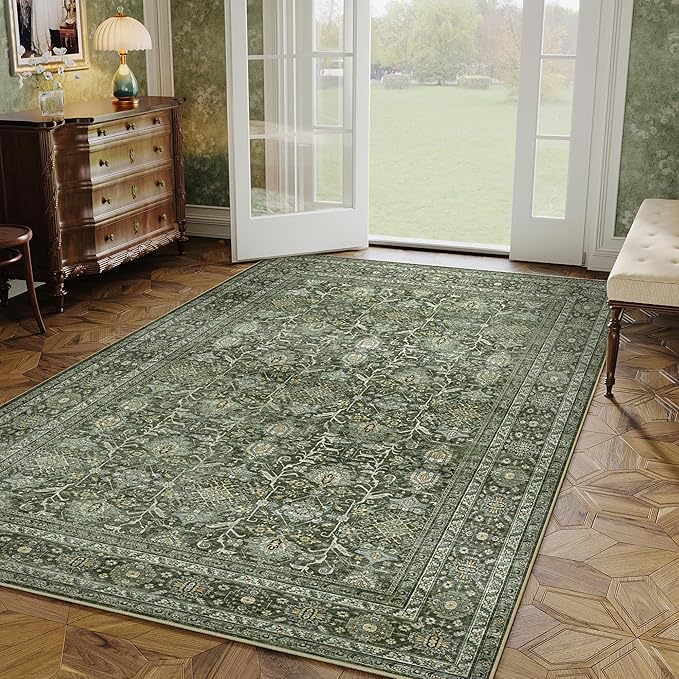 Vintage Area Rug 5x7 Green Washable Living Room Large Carpet Non Slip Bedroom Indoor Office Low Pile Traditional Distressed Retro Accent Rug for Dining Room Bathroom Kitchen