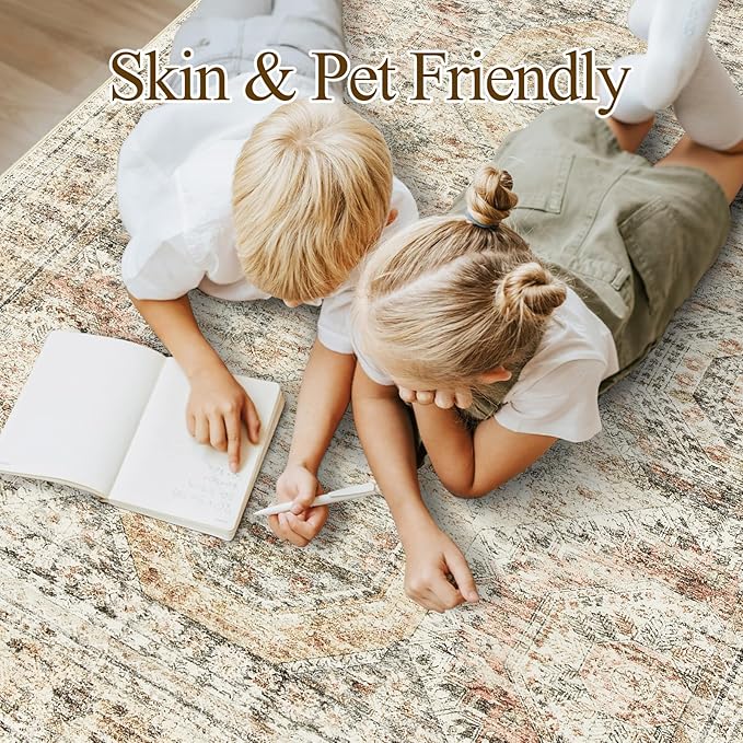 Washable Area Rug 8x10, Large Soft Rugs for Living Room Vintage 8x10 Area Rugs for Bedroom Dining Room Non-Slip Stain Resistant Under Table Brown Pink Rug