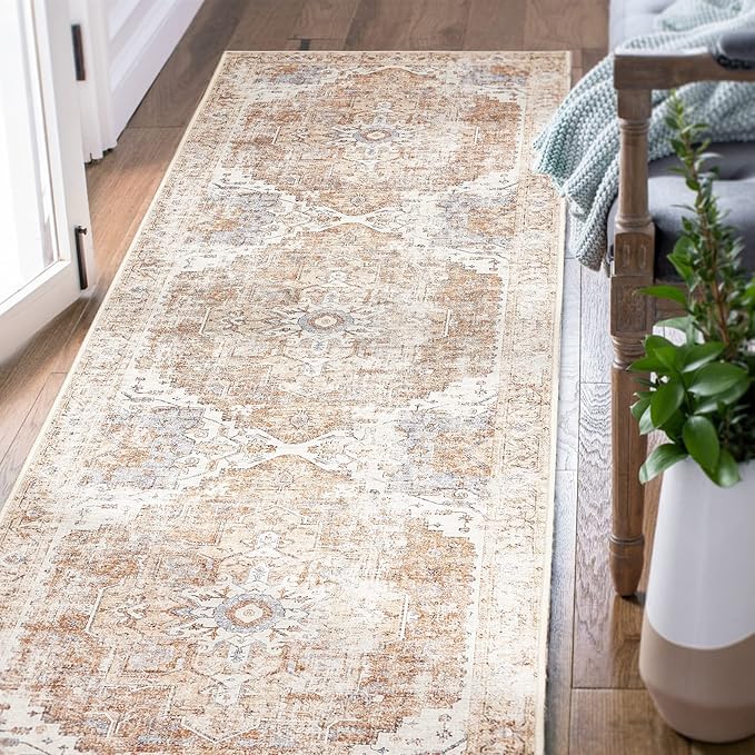 jinchan Runner Rug 2x5 Hallway Rug Kitchen Washable Runner Vintage Mat Retro Print Lightweight Non-Slip Accent Floor Cover Distressed Thin Carpet for Entryway Bathroom Bedroom Laundry Room Brick Red