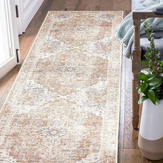 jinchan Runner Rug 2x5 Hallway Rug Kitchen Washable Runner Vintage Mat Retro Print Lightweight Non-Slip Accent Floor Cover Distressed Thin Carpet for Entryway Bathroom Bedroom Laundry Room Brick Red