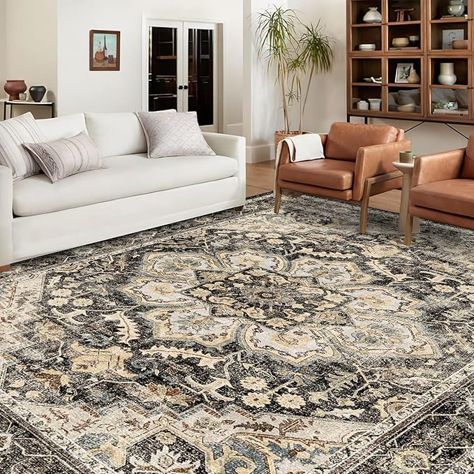 Washable Oriental Area Rug - 9x12 Rugs for Living Room Soft Carpet for Bedroom Waterproof Floral Distressed Indoor Stain Resistant Non-Shedding Floor Carpets (Black/Grey, 9x12)
