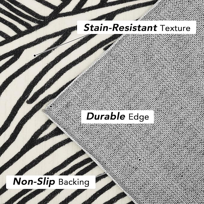 Modern Abstract Area Rug - 6x9, Washable, Non-Slip, Low Pile, Foldable, Soft, Non-Shedding, for Bedroom, Nursery, Dorm, Office - Ivory/Black