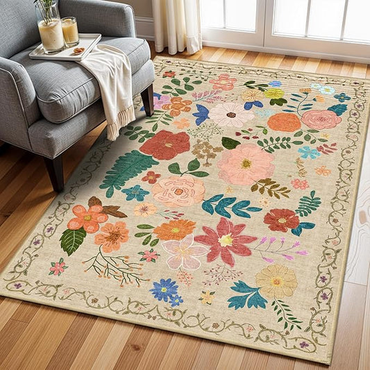 YOUFORTONG Washable Rug 3x5 Area Rugs: Soft Ultra Thin Low Pile Mat Machine Washable Indoor Doormat Lightweight Entry Rug Anti Slip Backing Rugs for Living Room Bedroom Kitchen 3'x5' Beige Floral