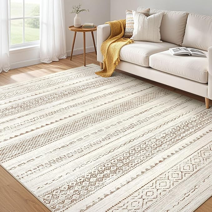 6x9 Area Rugs Living Room: Washable Boho Large Neutral Soft Farmhouse Rug Stain Resistant Modern Indoor Floor Non Slip Accent Carpet for Bedroom Nursery Kids Playroom Office Dining Room Dorm Home