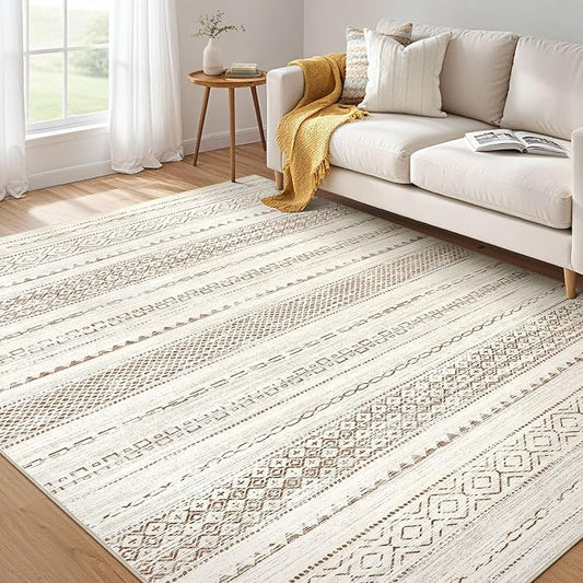 6x9 Area Rugs Living Room: Washable Boho Large Neutral Soft Farmhouse Rug Stain Resistant Modern Indoor Floor Non Slip Accent Carpet for Bedroom Nursery Kids Playroom Office Dining Room Dorm Home