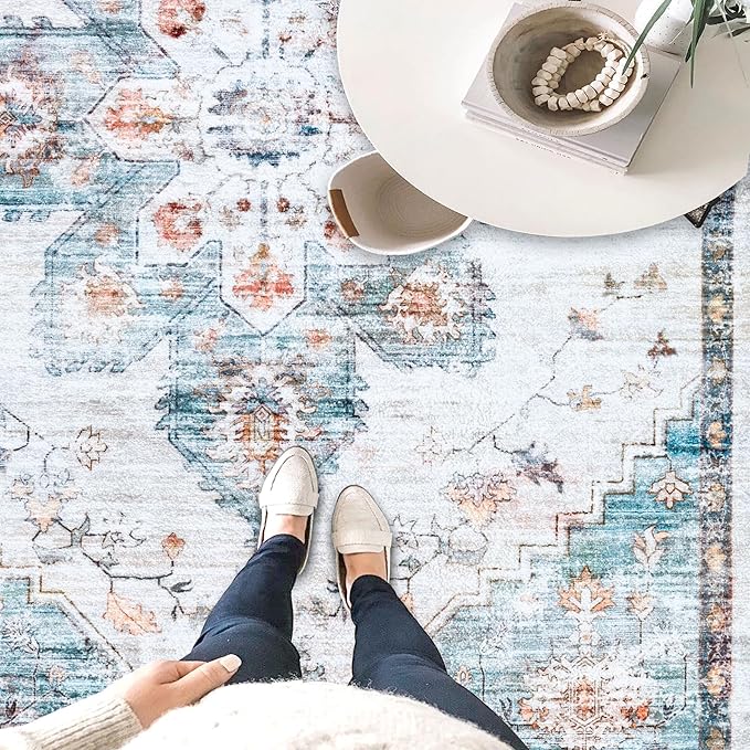 2x3 Rug Entryway Rugs: Washable Boho Vintage Small Rug Indoor Medallion Soft Non Slip Ultra Thin Non-Shedding Front Door Mat for Kitchen Bathroom Bedroom (Azure Blue 2'x3')
