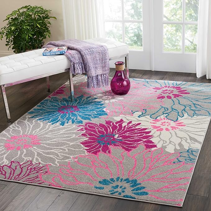 Nourison Passion Grey 5'3" x 7'3" Area Rug, Floral, Farmhouse, Easy Cleaning, Non Shedding, Bed Room, Living Room, Dining Room, Kitchen, (5' x 7')
