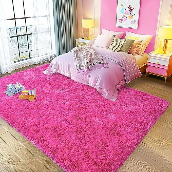 Ultra Fluffy Area Rugs for Living Room Bedroom, 6x9 Fuzzy Large Living Room Rugs, Thick Shag Rug for Dorm, Soft Non Slip Kids Girls Boys Rug for Home Decor Aesthetic, Hot Pink