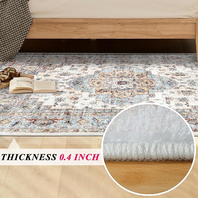 2x3 Machine Washable Area Rugs Boho Vintage Design Rug for Living Room, Bedroom, Kitchen, Soft Non-Slip Indoor Rug, Tawny/Aqua-Print Design