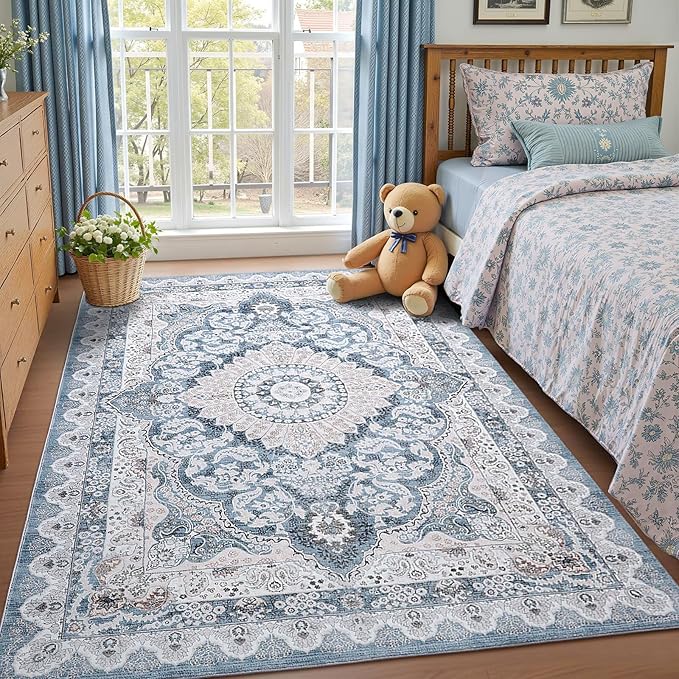 5x7 Area Rug for Bedroom, Machine Washable Rugs with Non-Slip Backing for Living Room, Soft Vintage Carpet Kitchen Laundry Kids Room Decor, Blue & Beige