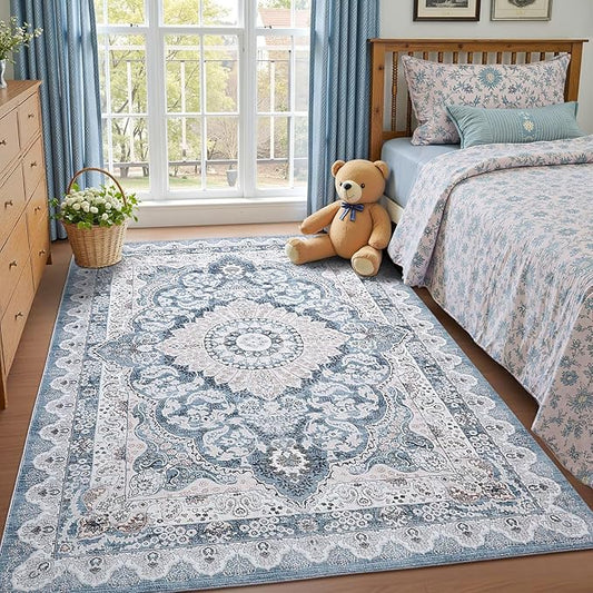5x7 Area Rug for Bedroom, Machine Washable Rugs with Non-Slip Backing for Living Room, Soft Vintage Carpet Kitchen Laundry Kids Room Decor, Blue & Beige