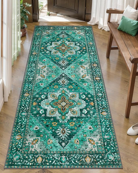 2x5 Washable Runner Rug for Hallways, Non Slip Vintage Runner Rugs, Soft Low Pile Long, Print Distressed Emerald Carpet Runners for Kitchen Bedroom Entryway Bathroom Living Room