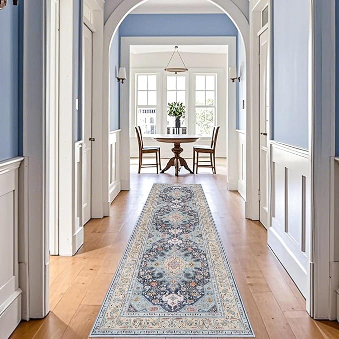 3x10 Non Slip Runner Rug - Oriental Washable Carpet with Rubber Backing for High Traffic Areas - Low Pile Farmhouse Entryway Mat - 3'x10' Blue/Beige/Multi