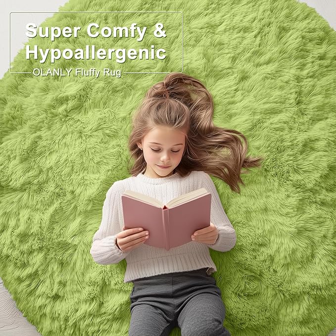 OLANLY Grass Green Round Rugs for Bedroom - Machine Washable, 8x8 Feet Circle Area Rugs for Living Room, Soft Fluffy Shaggy Carpet for Teen Girls and Boys, Dorms, Nursery Rooms, Home Decor Aesthetic