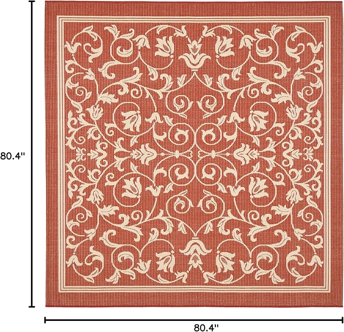 SAFAVIEH Courtyard Collection 6'7" Square Red / Natural CY2098 Scroll Indoor/ Outdoor Waterproof Easy-Cleaning Patio Backyard Mudroom Area-Rug
