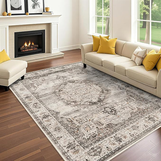 Washable Rugs 7x9 Area Rug：Large Rugs for Living Room - Oriential Distressed Printed Floral Carpet - Non Slip with Rubber Backing Area Rug 7'x9' Beige