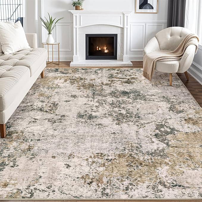 Area Rugs for Living Room: 7x9 Abstract Washable Rug Large Soft Stain Resistant Non-Slip Backing for Bedroom Dining Room Indoor Home Office Carpet for Kids Pet Friendly Families - Dark Brown