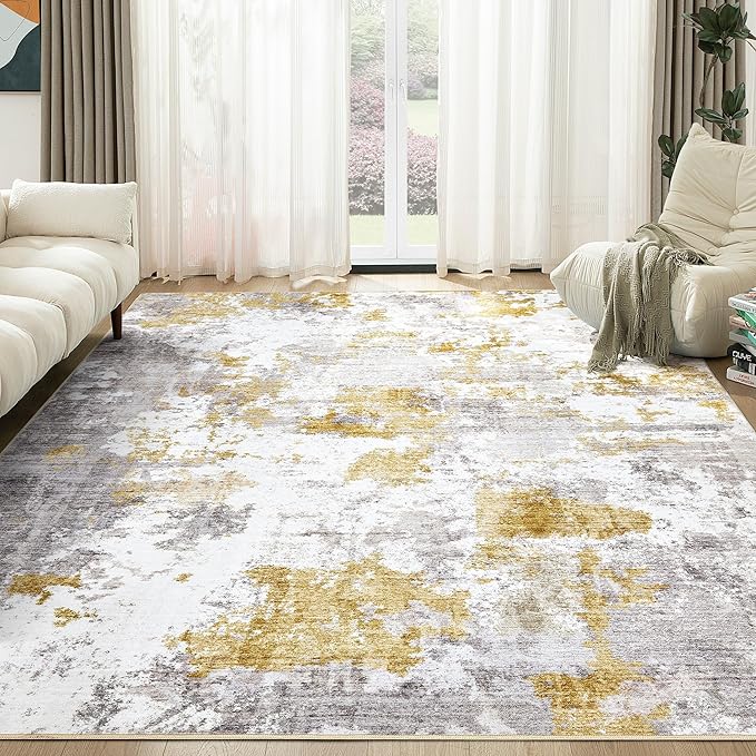 Washable Rug 9x12 Area Rugs for Living Room: Modern Abstract Neutral Soft Large Rug Bedroom Dining Room Under Kitchen Table Home Office Decor - Grey Gold