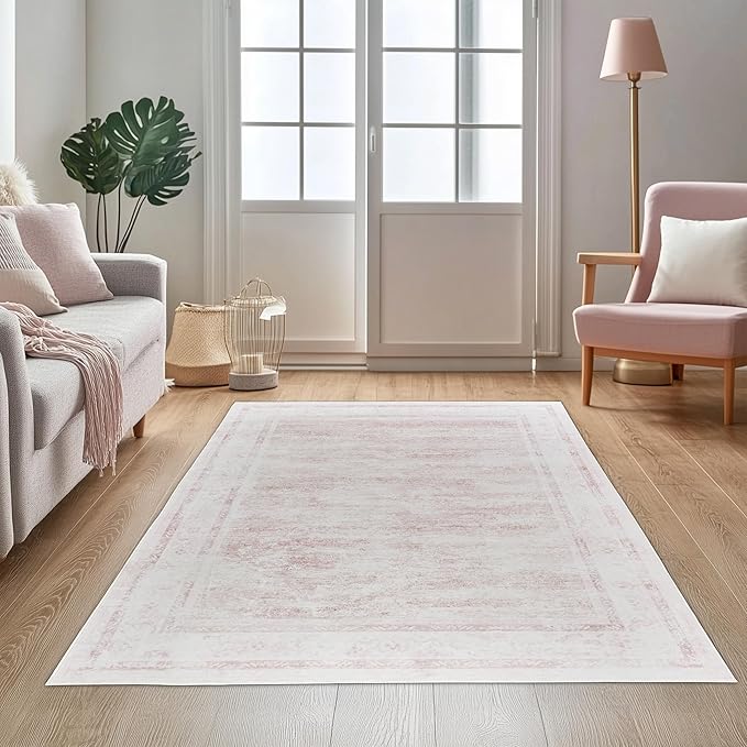 Washable 3x5 ft Area Rug - Non-Slip Boho Rug for Indoor & Outdoor Use, Entryway, Porch, Kitchen, Patio Runner in Pink
