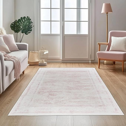 Washable 3x5 ft Area Rug - Non-Slip Boho Rug for Indoor & Outdoor Use, Entryway, Porch, Kitchen, Patio Runner in Pink