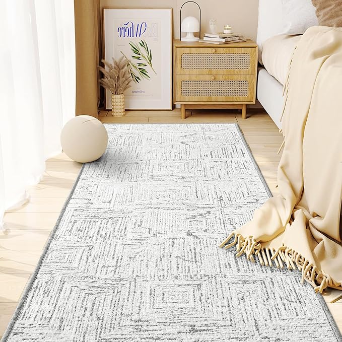 RYB HOME 2x6 Washable Jacquard Runner Rug for Hallway, Non Slip 3D Textured Abstract Jacquard Carpet for Bedroom, None Shedding Area Rug for Kitchen Bathroom Hallway, Grey