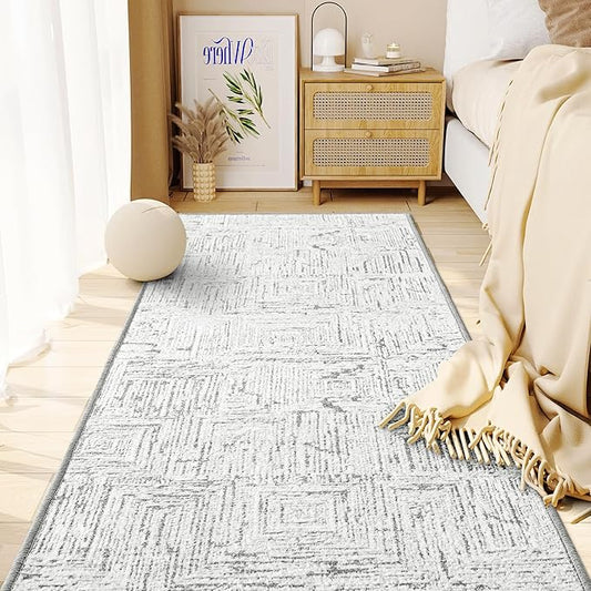 RYB HOME 2x6 Washable Jacquard Runner Rug for Hallway, Non Slip 3D Textured Abstract Jacquard Carpet for Bedroom, None Shedding Area Rug for Kitchen Bathroom Hallway, Grey