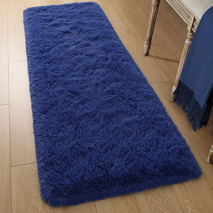 Tepook Soft Runner Rugs for Bedroom 2x6 ft with Rubber Backing, Navy Fluffy Rugs for Living Room, Shag Bedside Rug Fuzzy Plush Carpet for Room, Area Rug for Dorm Nursery Hallway Indoor Home Decor