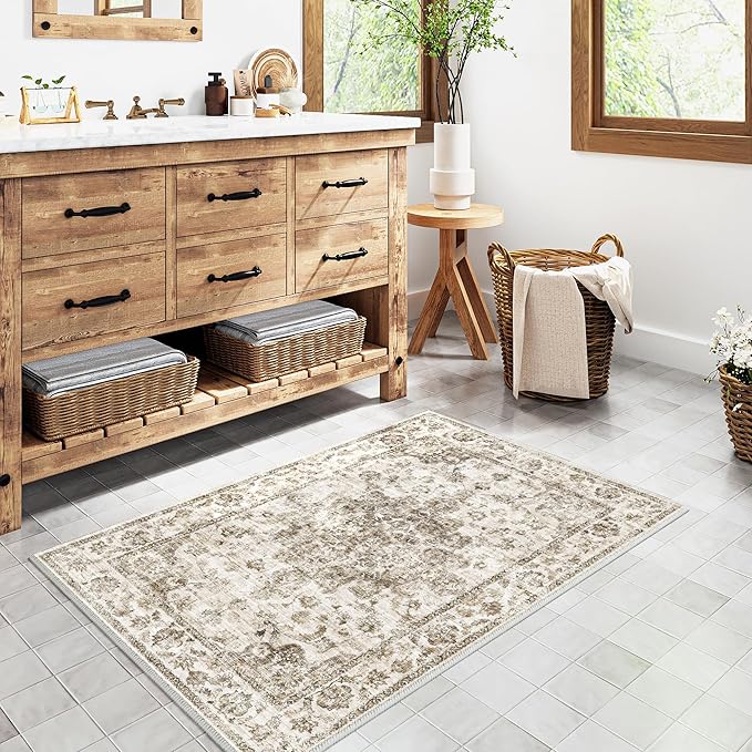 2x3 Washable Neutral Area Rug Brown Entryway Kitchen Non-Slip Low Pile Floral Carpet Door Mat Vintage Soft Thin Small Throw Rug for Bathroom Bedroom Indoor Entrance