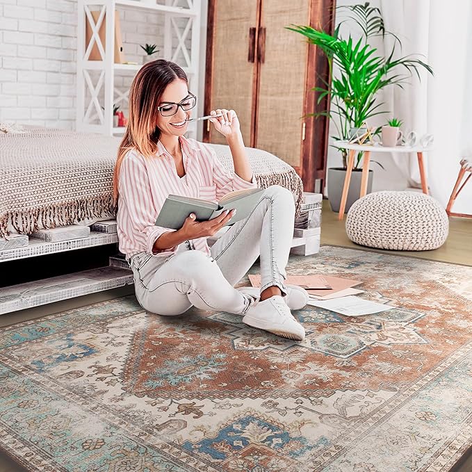 YJ.GWL Large Area Rug for Living Room, 5x7 Machine Washable Boho Rug for Bedroom, Low Pile Lightweight Thin Rugs Floral Vintage Distress Print Pattern Carpet for Dining Room, Brick