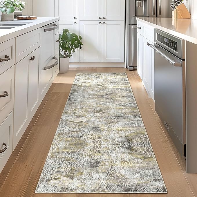 vivorug Washable Rug, Ultra Soft Runner Rug 2x10, Non Slip Abstract Rug, Runners for Hallway Living Room, Modern Fuzzy (Mustard, 2'x10')
