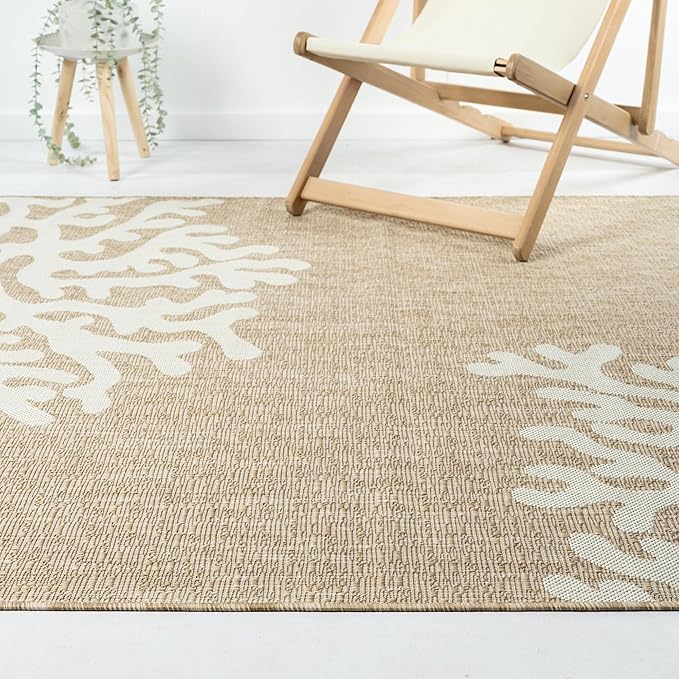 LR Home 7 x 9 Indoor/Outdoor Area Rug for Home Decor | Floral Carpet Suitable for Living Room, Bedroom, Playroom, Patio, Garden | Nautical Farmhouse Rug | Ivory/Beige